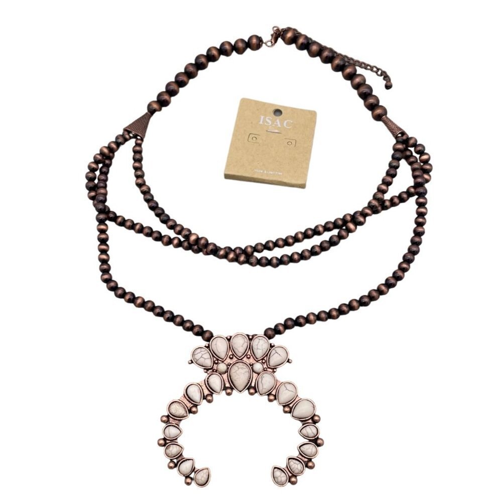 Isac White Squash Blossom Navajo Beaded Three Strand Necklace 24 to 28 Inches